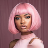 Original Design 12 Inch Pink Short Straight Bob Wig With Bangs